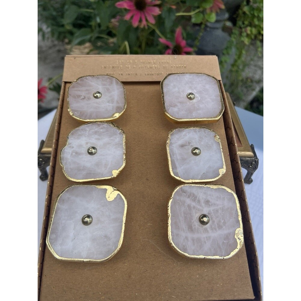 Set of 6 Genuine Quartz Crystal Cabinet Drawer Knobs Gold Edge 2” Stone Hardware